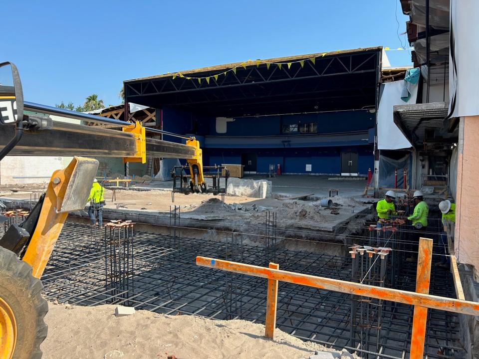 Construction workers are installing Rebar before new concrete allows construction to begin rising on rebuilding the Jervey Theatre at Venice Theatre, which was heavily damaged by Hurricane Ian in 2022.