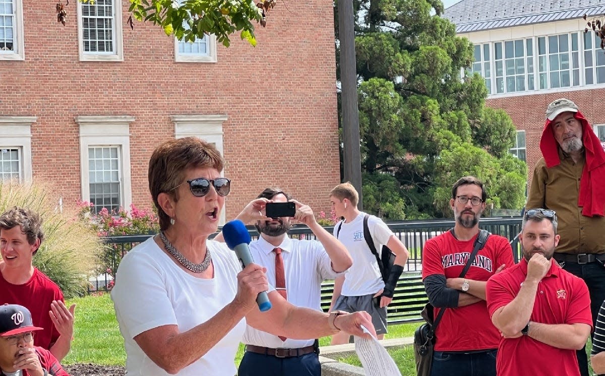 In this file photo, Del. Linda Foley, D-Montgomery, speaks to graduate student employees who are seeking collective bargaining rights and their allies on the campus of University of Maryland, College Park in Prince George's County on Thursday, Sept. 21, 2023.