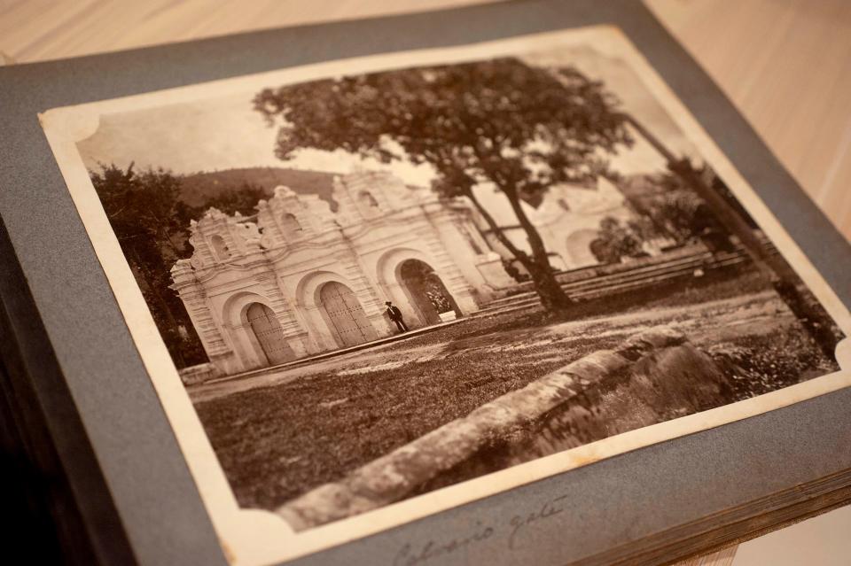 A climate controlled locked room houses a collection of irreplaceable books and special collections, including Addison Mizner personal library at the Society of the Four Arts King Library September 9, 2022 in Palm Beach. This photograph detail taken in Antigua, Guatemala is in Mizner's Central America scrapbook.