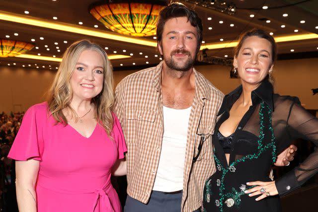 <p>Eric Charbonneau/Getty</p> Colleen Hoover, Brandon Sklenar and Blake Lively at Book Bonanza on June 14, 2024