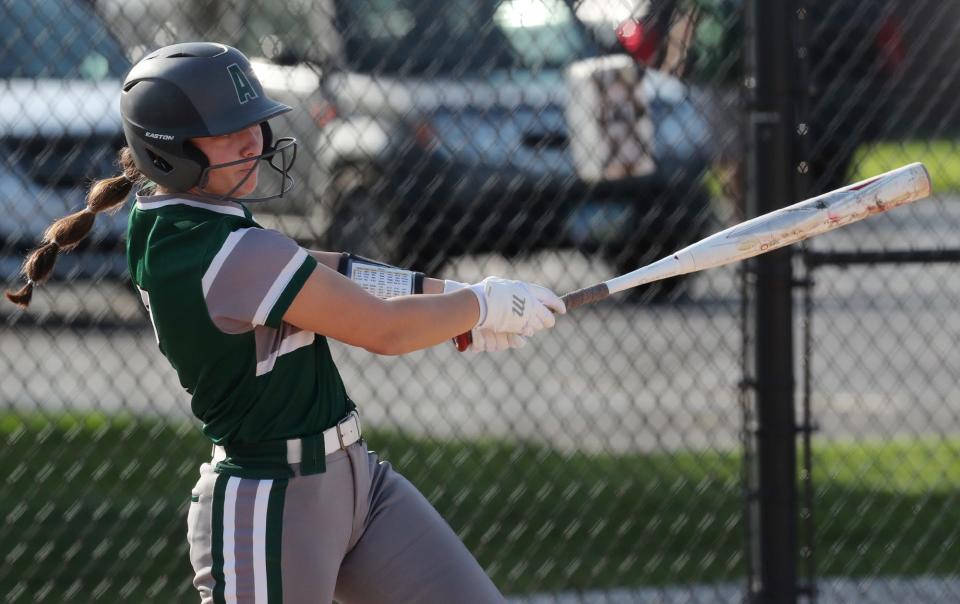 Aurora batter Sophie Retton hits a single against Tallmadge during their game at Tallmadge High School on Tuesday, April 16, 2024 in Tallmadge.