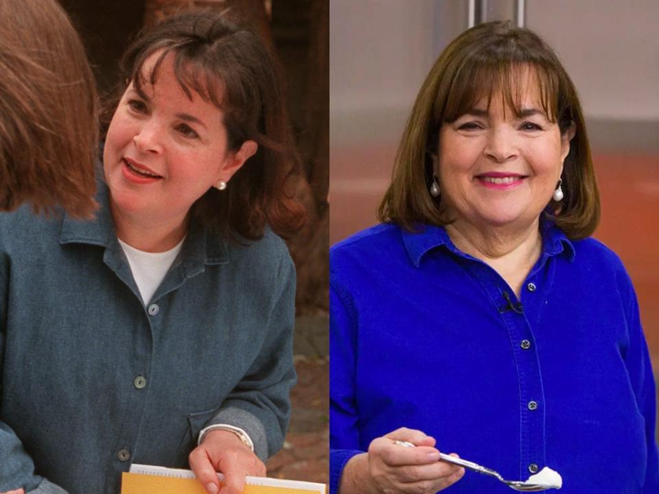 On the left, Ina Garten when younger in a blue button up. On the right, her holding a spoon in a blue button up