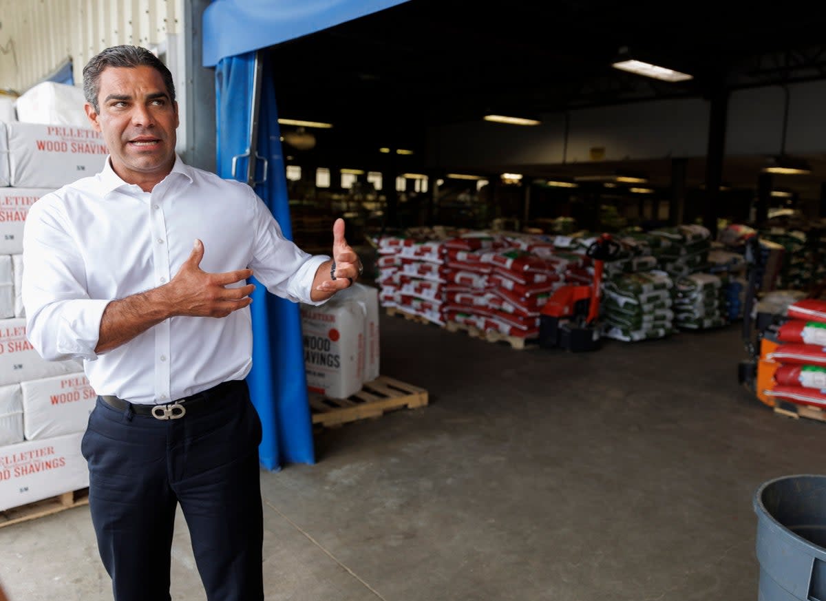 Republican candidate for President, Miami Mayor Francis Suarez speaks with reporters following a tour of the Blue Seal mill, during a campaign stop in Bow, New Hampshire, USA, 16 August 2023 (EPA)