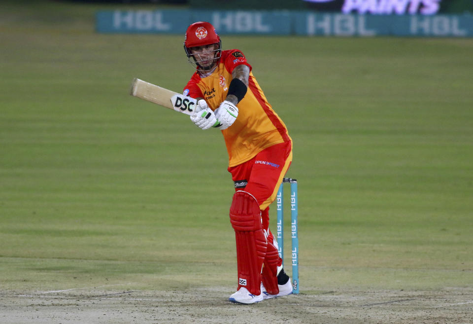 Islamabad United Alex Hales plays a shot during a Pakistan Super League T20 cricket match between Karachi Kings and Islamabad United at the National Stadium, in Karachi, Pakistan, Wednesday, Feb. 24, 2021. (AP Photo/Fareed Khan)