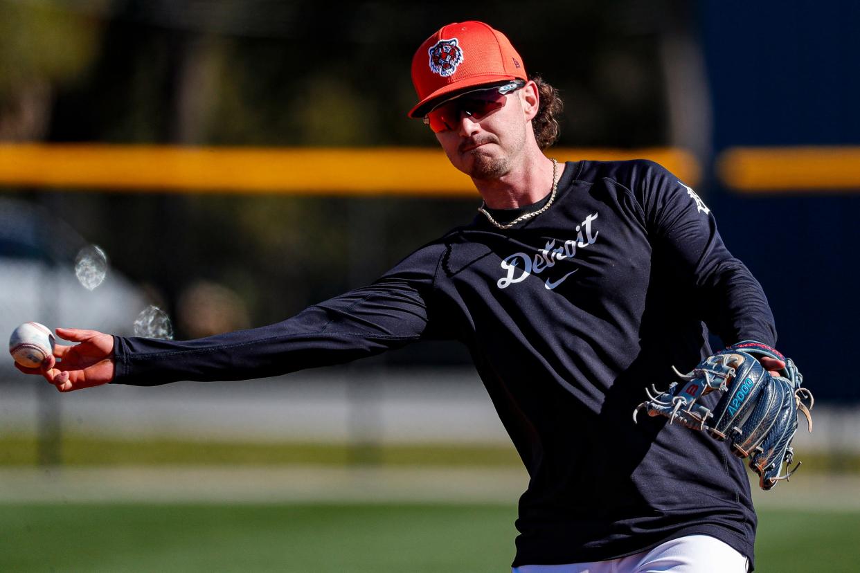 Detroit Tigers outfielder Zach McKinstry practices during spring training at TigerTown in Lakeland, Fla. on Tuesday, Feb. 20, 2024.