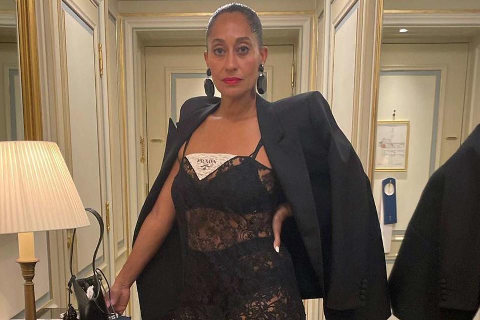 <p>Instagram/traceeellisross</p> Tracee Ellis Ross poses in a see-through, lacy look in Paris.