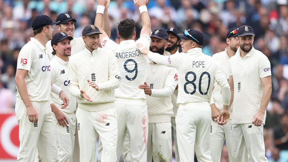 England's mens Test cricket team are seen here during a 2021 series against India.