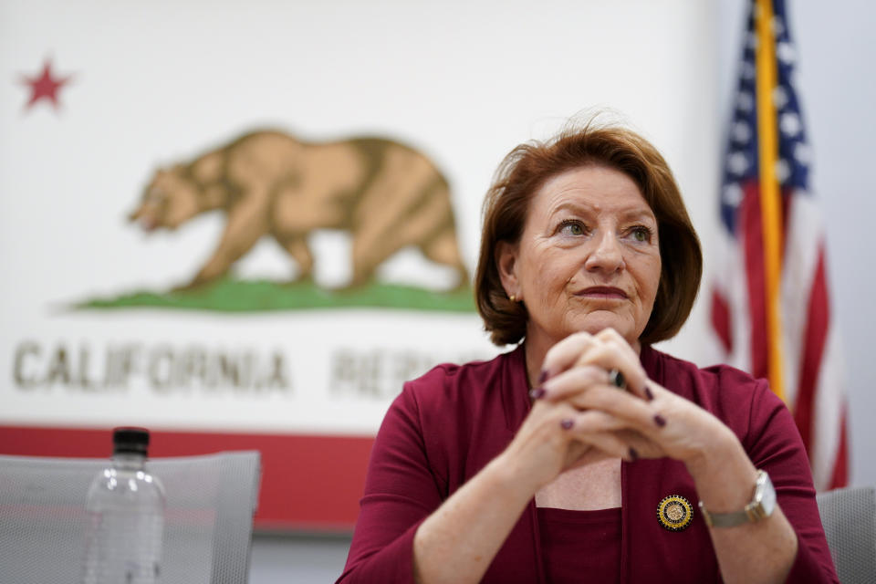 California state Senate President Pro Tempore Toni Atkins looks on during a briefing with district representatives, Monday, Nov. 13, 2023, in San Diego. Atkins is preparing to step down from her leadership post early next year, though she could make history again with a run for governor. (AP Photo/Gregory Bull)