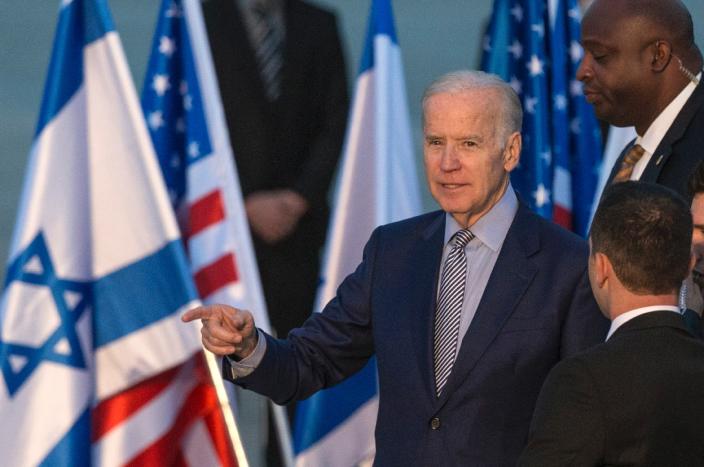 US Vice President Joe Biden gestures upon his arrival at Ben Gurion International airport in Tel Aviv, on March 8, 2016 (AFP Photo/Jack Guez)