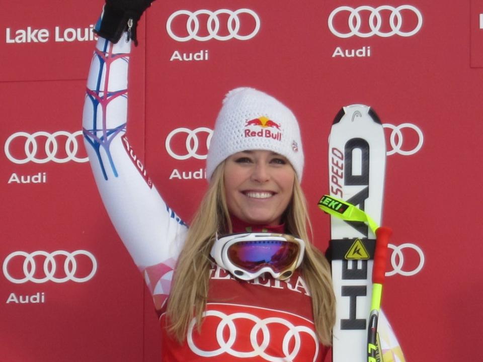 Lindsey Vonn on podium Lake Louise