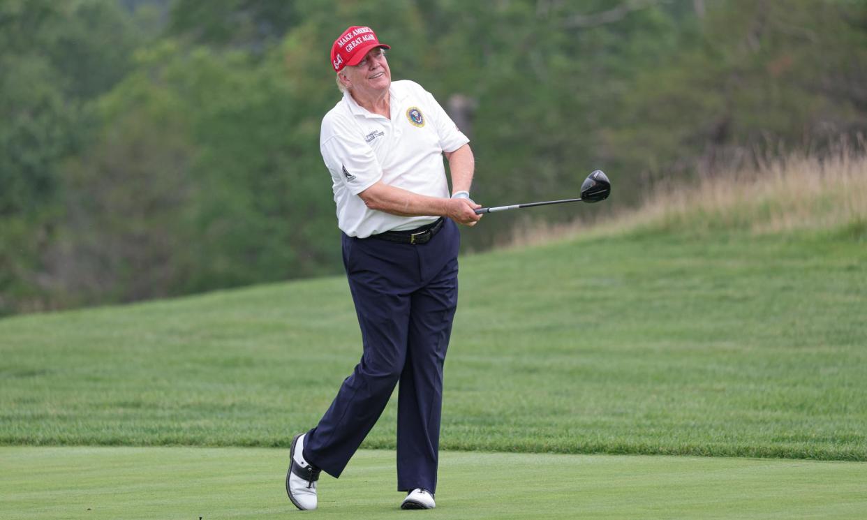 <span>According to Edward-Isaac Dovere, Donald Trump ‘has taken more time for golf tournaments than campaign events’ in the 2024 campaign.</span><span>Photograph: Vincent Carchietta/USA Today Sports</span>