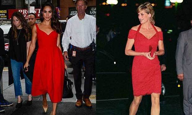 Meghan Markle and Princess Diana dressed in similar red gowns