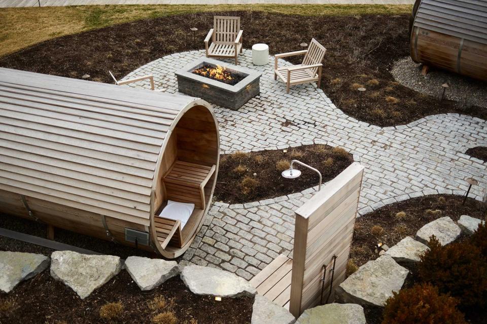 Aerial view of sauna and fire pit at