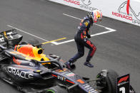 Red Bull driver Max Verstappen of the Netherlands celebrates after winning the Monaco Formula One Grand Prix, at the Monaco racetrack, in Monaco, Sunday, May 28, 2023. (AP Photo/Luca Bruno)