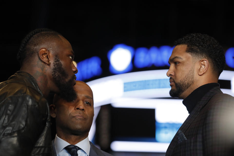 NEW YORK, NEW YORK - MARCH 19: Deontay Wilder faces off with Dominic Breazeale during a press conference at Barclays Center on March 19, 2019 in the Brooklyn borough of New York City. (Photo by Michael Owens/Getty Images)