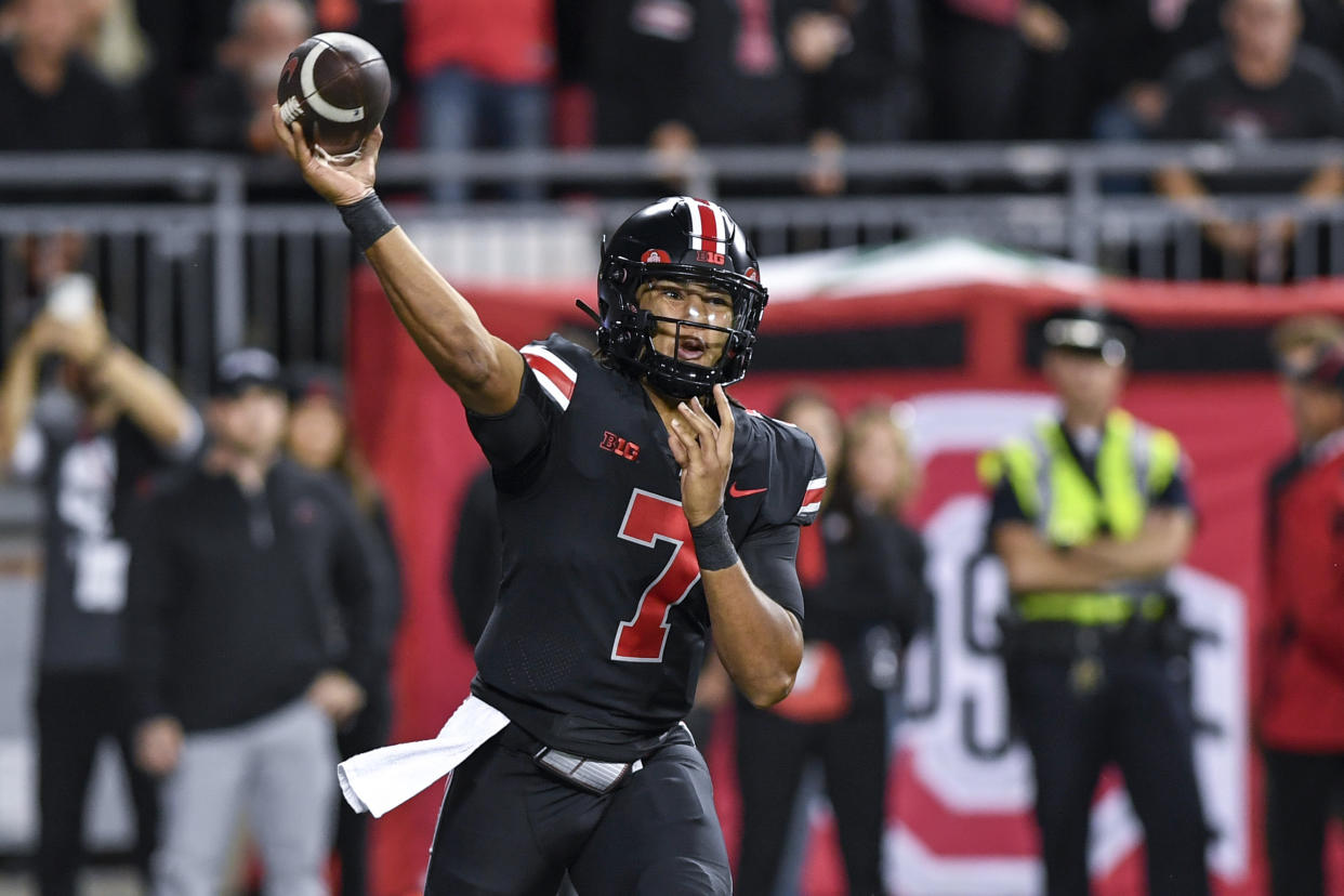 COLUMBUS, OHIO - SEPTEMBER 24: Quarterback C.J. Stroud #7 of the Ohio State Buckeyes throws the ball in the third quarter against the Wisconsin Badgers at Ohio Stadium on September 24, 2022 in Columbus, Ohio. (Photo by Gaelen Morse/Getty Images)