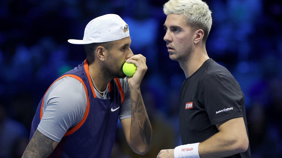 Nick Kyrgios and Thanasi Kokkinakis are pictured during a doubles match at the ATP Finals.
