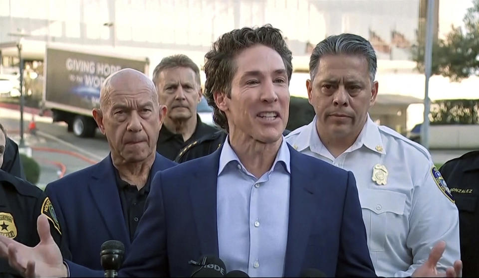 In this screen grab taken from video provided by KTRK-TV ABC13, pastor Joel Osteen speaks to the media after a shooting at Lakewood Church, in Houston, Sunday, Feb. 11, 2024. (KTRK-TV ABC13 via AP)