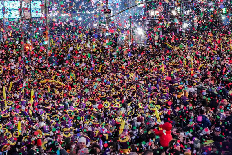 Revelers celebrate New Year in Times Square in the Manhattan borough of New York City