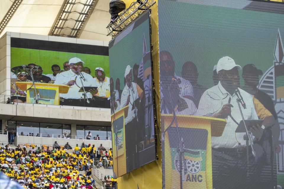 South African President Cyril Ramaphosa delivers his speech at the Mose Mabhida stadium in Durban, South Africa, Saturday, Feb. 24, 2024, for the African National Congress national manifesto launch in anticipation of the 2024 general elections. (AP Photo/Jerome Delay)