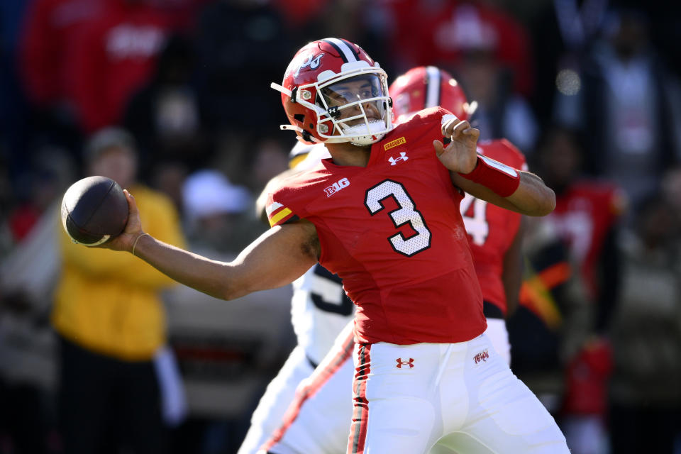 Maryland quarterback Taulia Tagovailoa (3) passes during the first half of an NCAA college football game against Michigan, Saturday, Nov. 18, 2023, in College Park, Md. (AP Photo/Nick Wass)