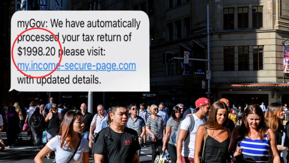 A composite image of a crowd of people walking on a busy street and a copy of the scam text message claiming the recipient has a tax return.