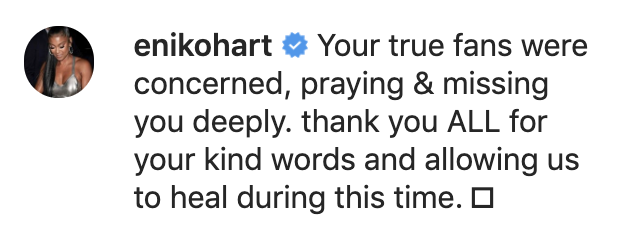 Reactions to Kevin Hart's video about his car crash recovery included one from his wife, Eniko Hart. (Screenshot: Kevin Hart via Instagram)