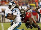 Oct 24, 2013; Tampa, FL, USA; Carolina Panthers running back DeAngelo Williams (34) runs with the ball as Tampa Bay Buccaneers defensive end Adrian Clayborn (94) defends during the second half at Raymond James Stadium. Kim Klement-USA TODAY Sports