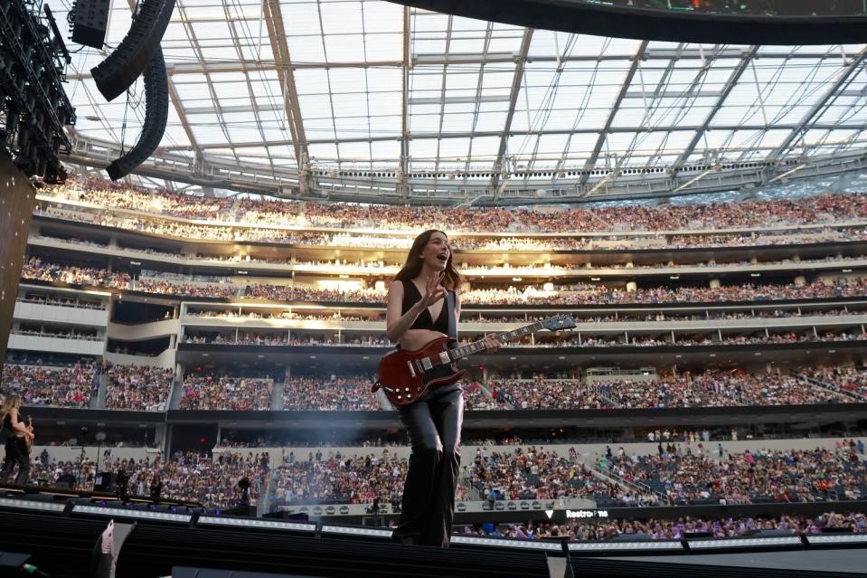 Haim's Danielle Haim performs at SoFi Stadium on Thursday.