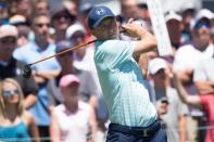 Jun 24, 2017; Cromwell, CT, USA; Jordan Spieth plays his shot from the first tee during the third round of the Travelers Championship golf tournament at TPC River Highlands. Bill Streicher-USA TODAY Sports