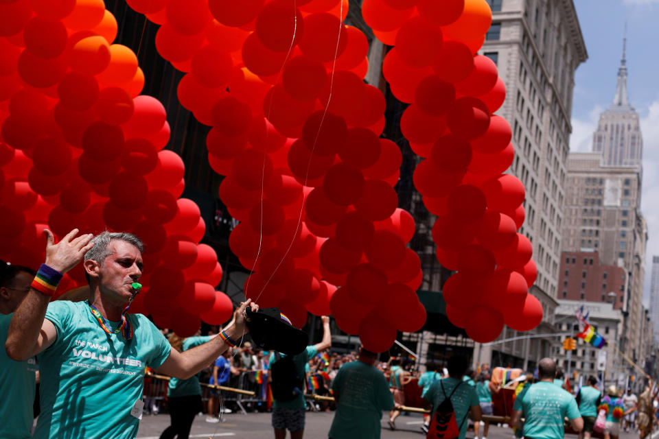 <p>Marcelo Abramovich marches along Fifth Avenue during the 2018 New York City Pride Parade in Manhattan, New York, June 24, 2018. (Photo: Andrew Kelly/Reuters) </p>