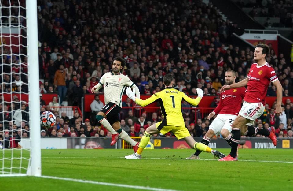 Mohamed Salah completes his hat-trick in the 5-0 win over Manchester United at Old Trafford (PA)