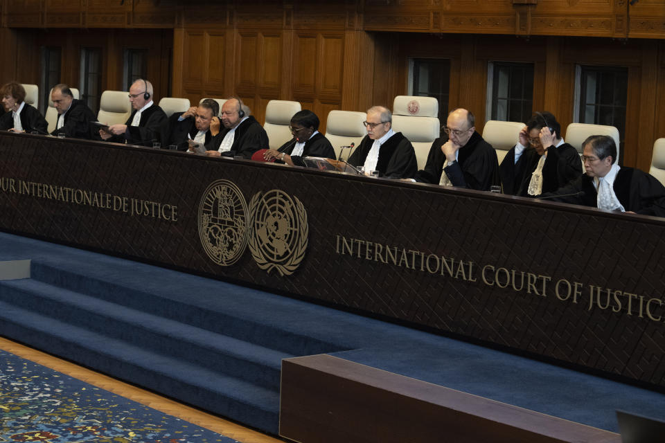 Judge Nawaf Salam, fourth from right, presides over the International Court of Justice in The Hague, Netherlands, Tuesday, April 30, 2024, where Mexico is taking Ecuador to the United Nations' top court accusing the nation of violating international law by storming into the Mexican embassy in Quito and arresting former Ecuador Vice President Jorge Glas, who had been holed up there seeking asylum in Mexico. (AP Photo/Peter Dejong)