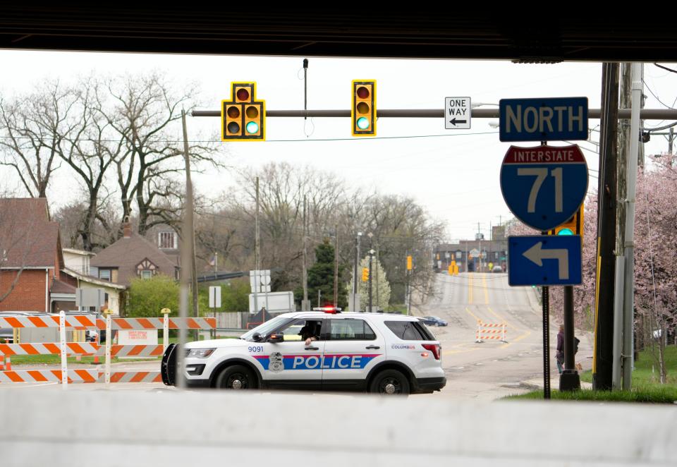 April 2, 2024; Columbus, Ohio, USA; 
The City of Columbus Department of Public Utilities installs flood walls where I-71 South runs over Greenlawn Avenue near Harmon Avenue.