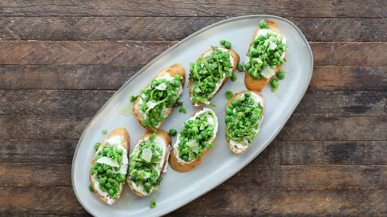 Plate with spring pea crostini