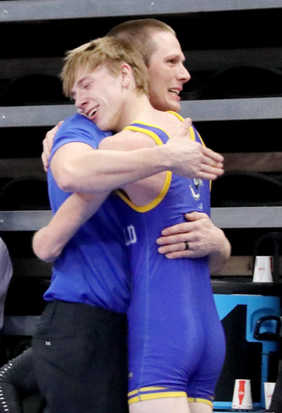 Redfield senior Brady Risetter celebrates after winning the Class B 103-pound championship on Saturday, Feb. 24, 2023 in the South Dakota State Wrestling Championships at The Monument in Rapid City.