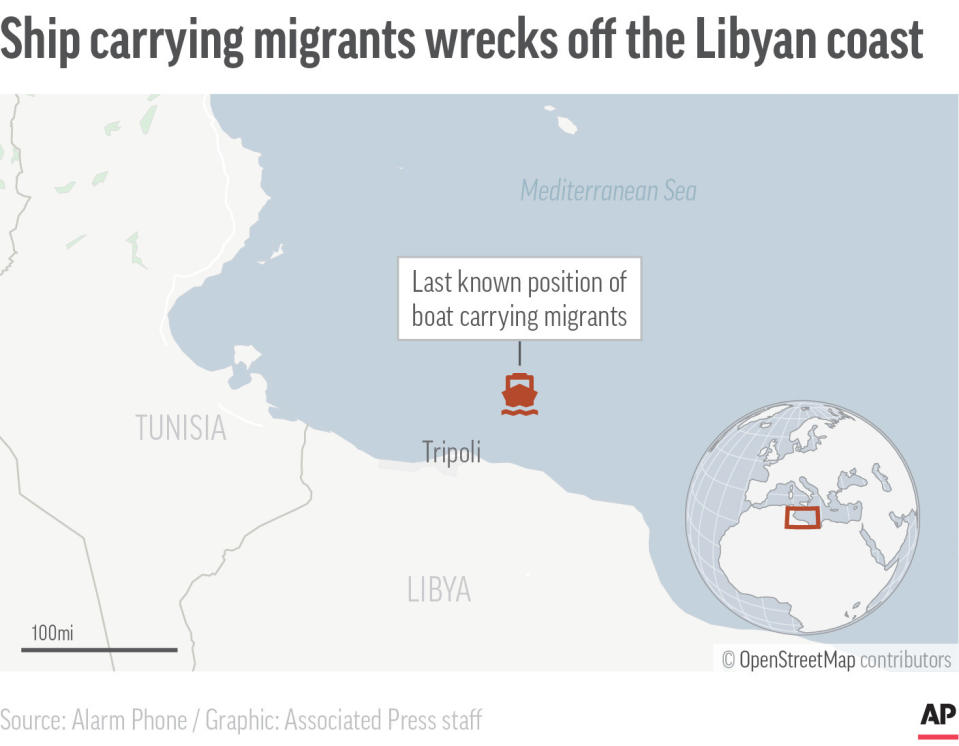 This map shows the last known location of a boat carrying more than 100 Europe-bound migrants. Independent rescue groups say that more than 100 Europe-bound migrants are feared dead in a shipwreck off the Libyan Mediterranean coast. (AP Digital Embed)