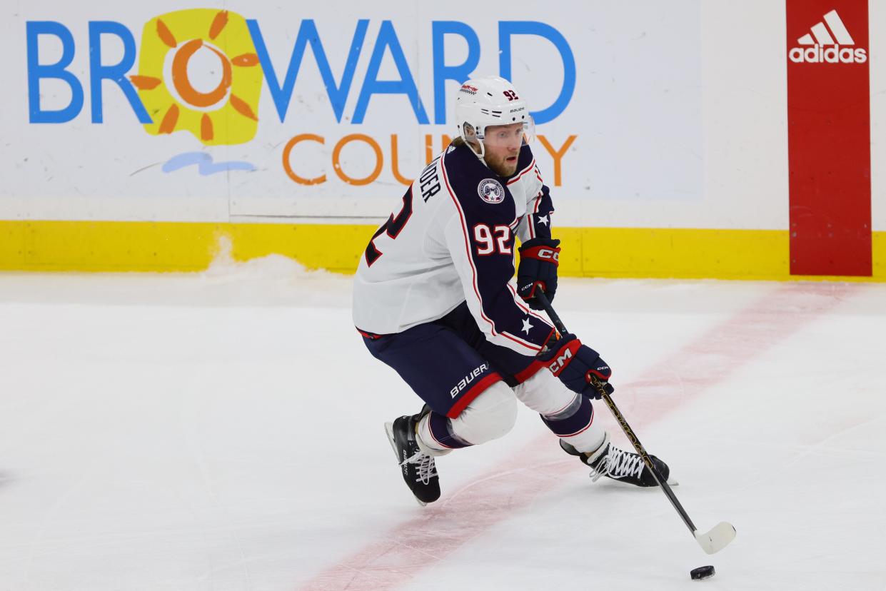 Apr 11, 2024; Sunrise, Florida, USA; Columbus Blue Jackets left wing Alexander Nylander (92) moves the puck against the Florida Panthers during the first period at Amerant Bank Arena. Mandatory Credit: Sam Navarro-USA TODAY Sports