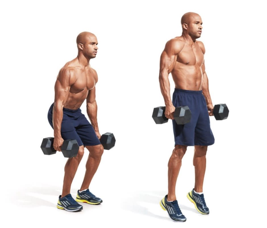<p>Stand with feet shoulder-width apart holding dumbbells at your sides, palms facing each other, to start. Bend your hips back to squat down until the weights are knee level. Now explode upward and shrug hard at the top. That's 1 rep. Reset your feet before beginning the next rep. Repeat.</p>