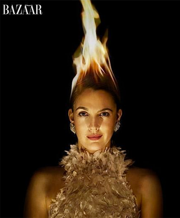 Drew Barrymore has control over her flame. (Photo: Harper’s Bazaar/Jean-Paul Goude)