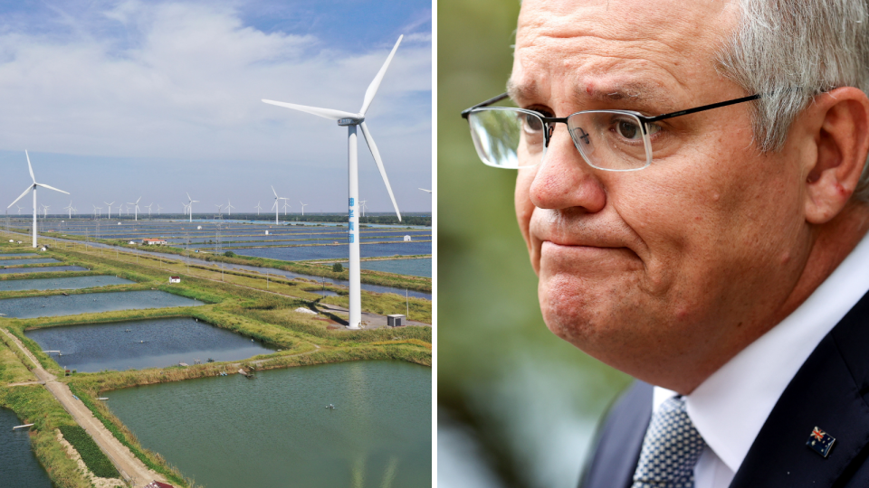 A wind farm in China and Prime Minister Scott Morrison.