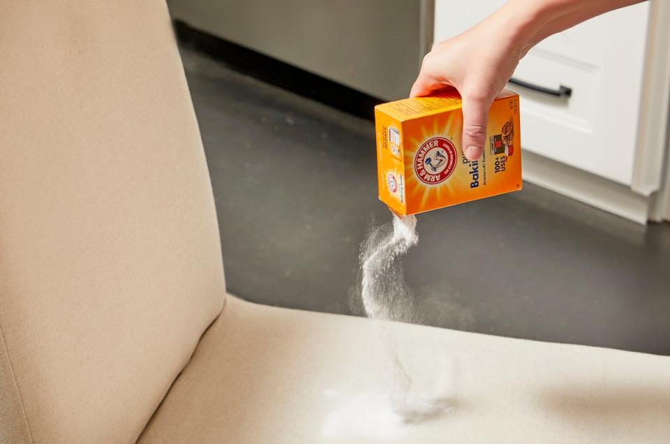 Woman sprinkling baking soda onto the seat of a chair.