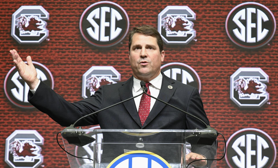 NCAA college football head coach Will Muschamp of South Carolina speaks during the Southeastern Conference Media Days at the College Football Hall of Fame in Atlanta, Thursday, July 19, 2018. (AP Photo/John Amis)