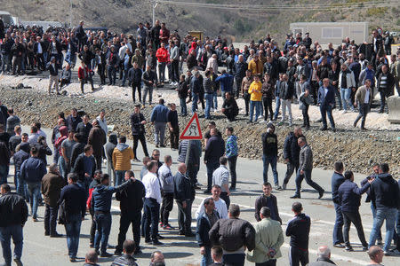 People protest on the Durres-Kukes highway in Kalimash near Kukes, Albania, March 31, 2018. REUTERS/Stringer