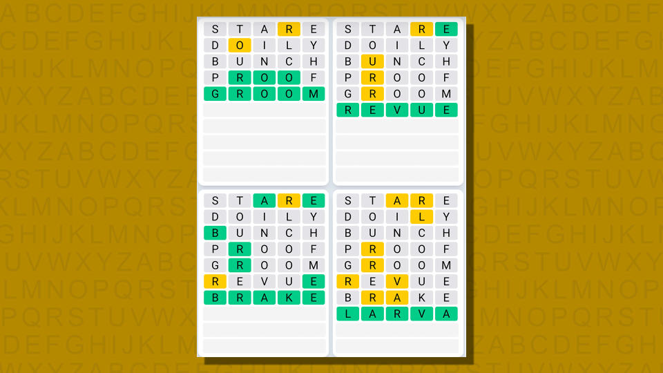 Quordle daily sequence answers for game 727 on a yellow background