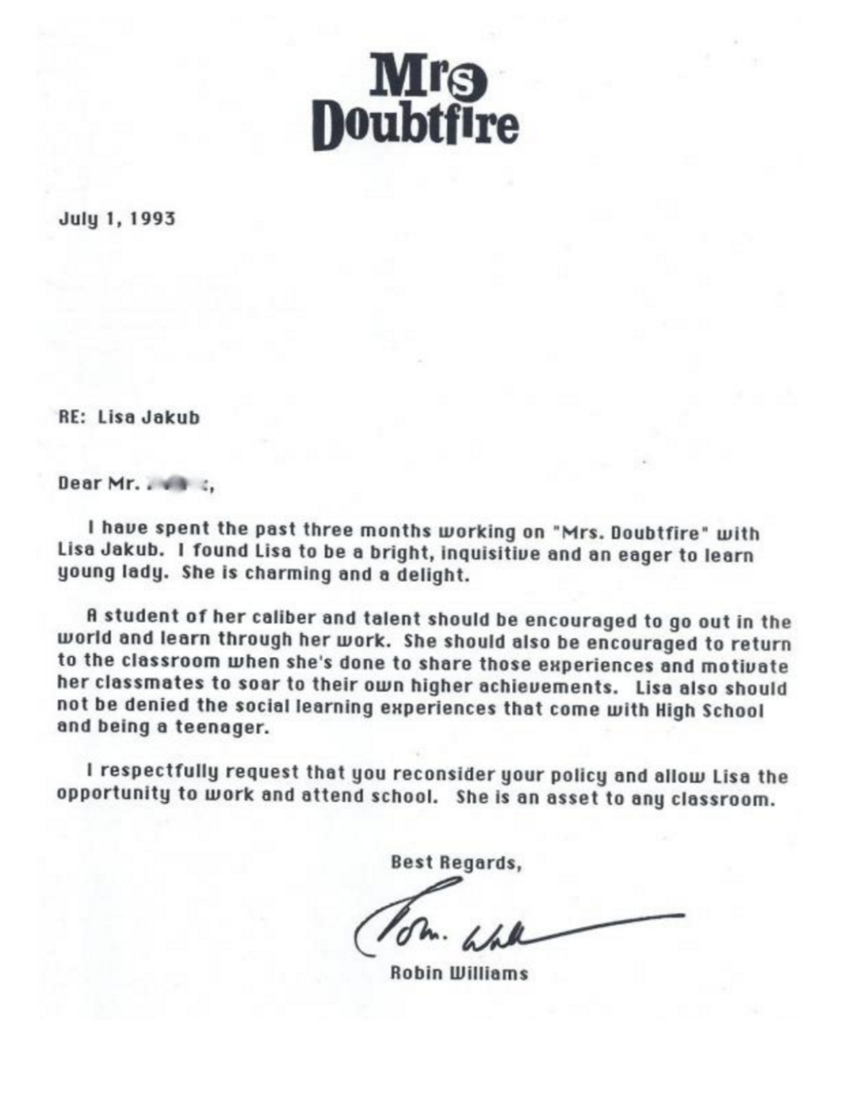 Robin Williams wrote this letter to the school of his 