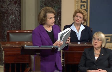 Senate Intelligence Committee Chairwoman Dianne Feinstein discusses a newly released Intelligence Committee report on the CIA's anti-terrorism tactics, in a speech on the floor of the U.S. Senate, December 9, 2014. REUTERS/Senate TV