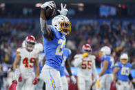 Los Angeles Chargers running back Joshua Kelley reacts during the second half of an NFL football game against the Kansas City Chiefs, Thursday, Dec. 16, 2021, in Inglewood, Calif. (AP Photo/Ashley Landis)