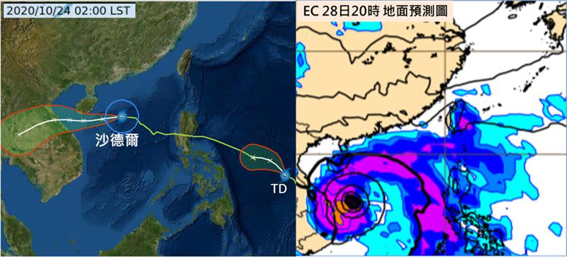 左圖：今（24）日2時中央氣象局「潛勢預測圖」顯示，「沙德爾」偏西朝海南島南方近海前進，逐漸減弱、漸行漸遠。另一「熱帶低壓」在菲律賓東方海面，向菲律賓中部前進。右圖：最新（23日20時）歐洲中期預報中心（ECMWF）模式，模擬下週三（28日）20時地面圖顯示，「莫拉菲」在南海。台灣附近東北風增強，水氣增多，天氣轉變。