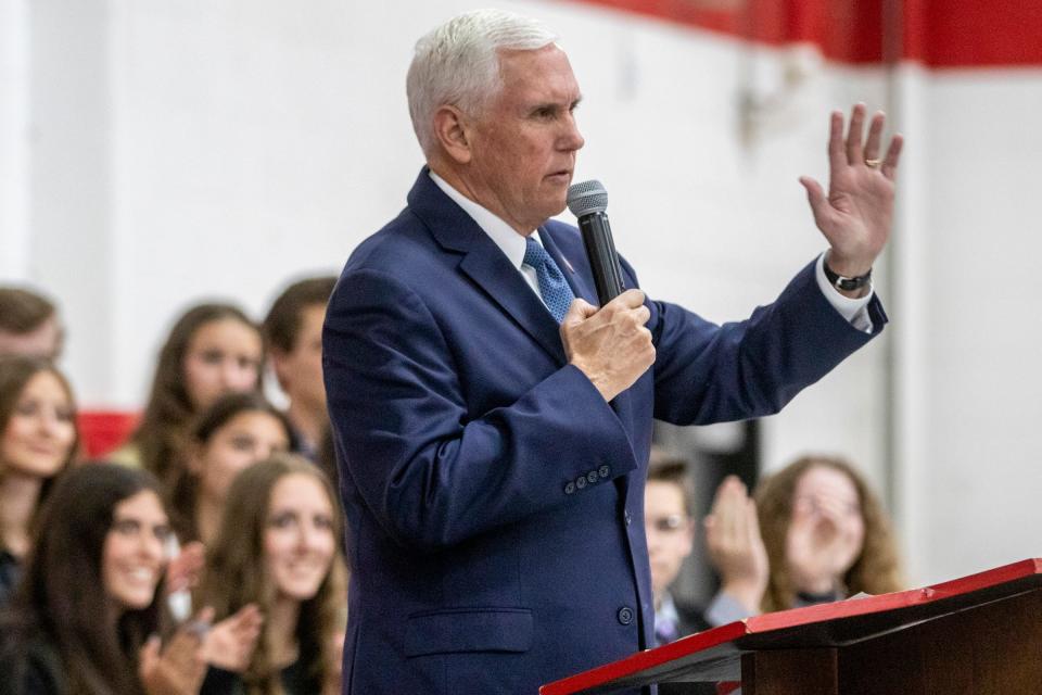 Former Vice President of the United States Mike Pence speaks about a proposal to provide educational scholarships to Michigan students at Lutheran North High School in Rochester Hills on Tuesday, May 17, 2022.